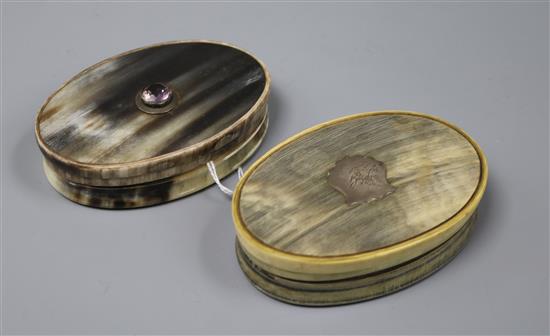 Two Victorian oval horn snuff boxes length 9.5cm